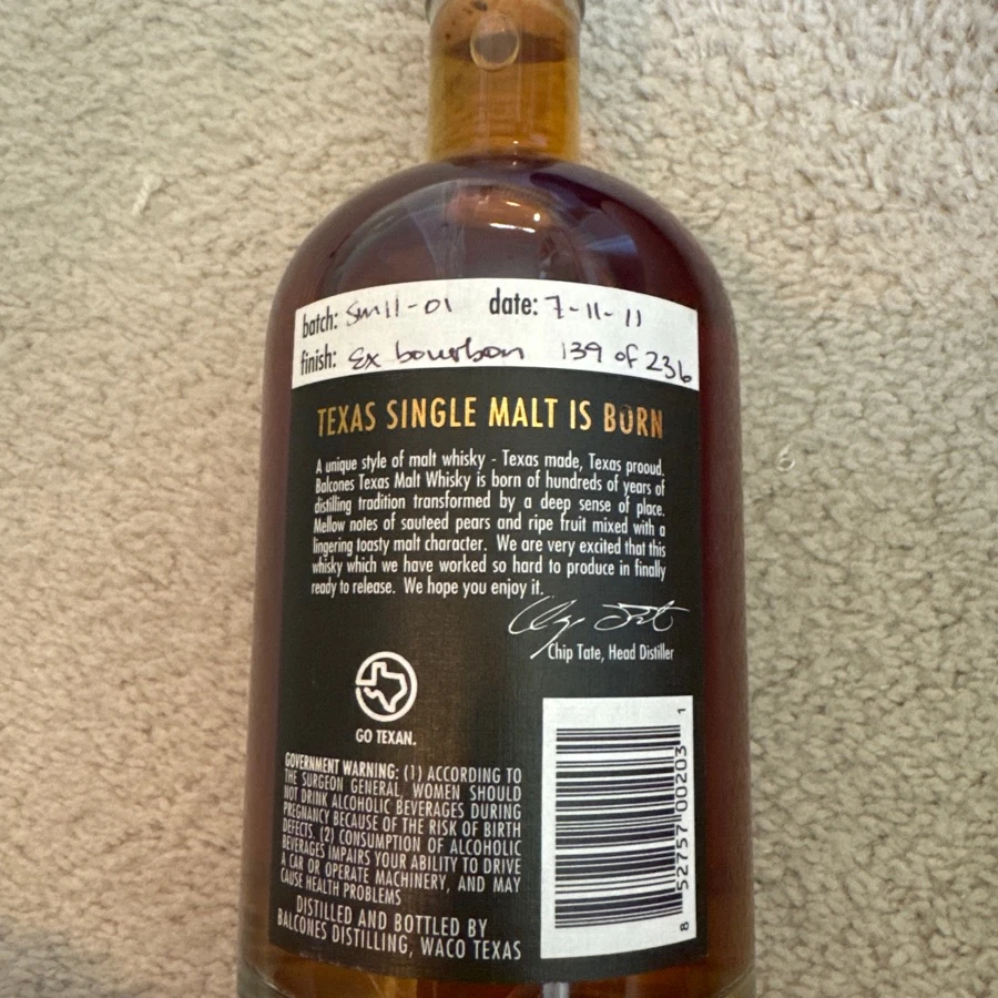 Balcones Texas Single Malt - Chip Tate - SM11-01 - 7/11/11 - bottle 139 of 236