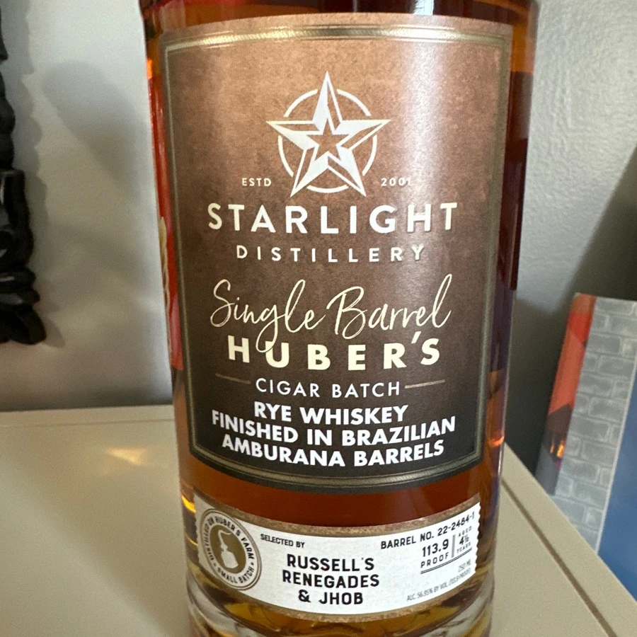 Starlight Single Barrel Huber's Rickhouse Cigar Batch Rye Whiskey Finished in Brazilian Amburana Barrels