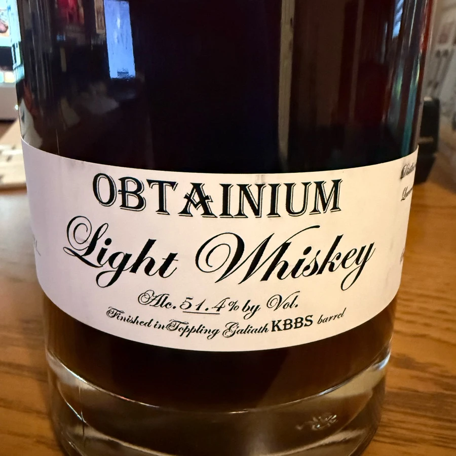 Obtainium Light Whiskey Finished in Toppling Goliath KBBS Barrel (Stored 13 years in a used charred oak barrel, Bottled on 7/19/2021, Distilled on 7/11/2007 by Lawrenceburg Distillers Indiana, Barrel # SC-00243)
