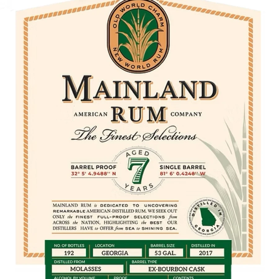 Mainland American Rum Company Aged 7 Years Single Barrel Location Georgia