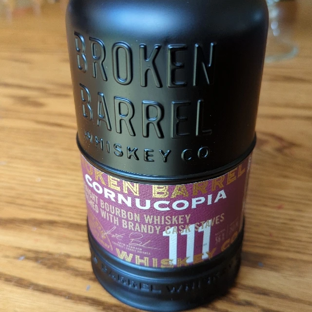 Broken Barrel Cornucopia straight bourbon whiskey finished with Brandy cask staves