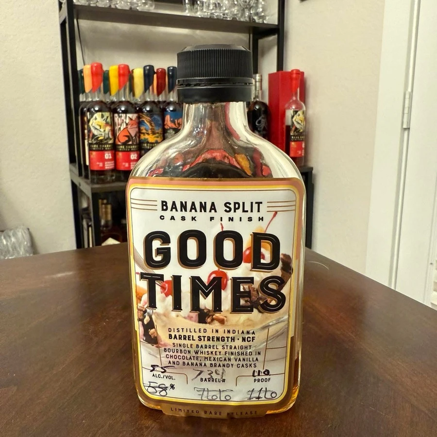 Good TImes Banana Split Cask Finish Single Barrel Straight Bourbon Whiskey Finished in Chocolate, Mexican Vanilla and Banana Brandy Casks Barrel Strength NCF Limited Rare Release (New Braunfels Bourbon Barrel # 734)