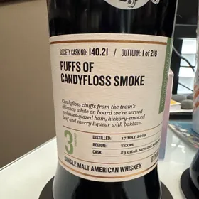 Single Mott whiskey Society 140.21: puffs of candyfloss smoke