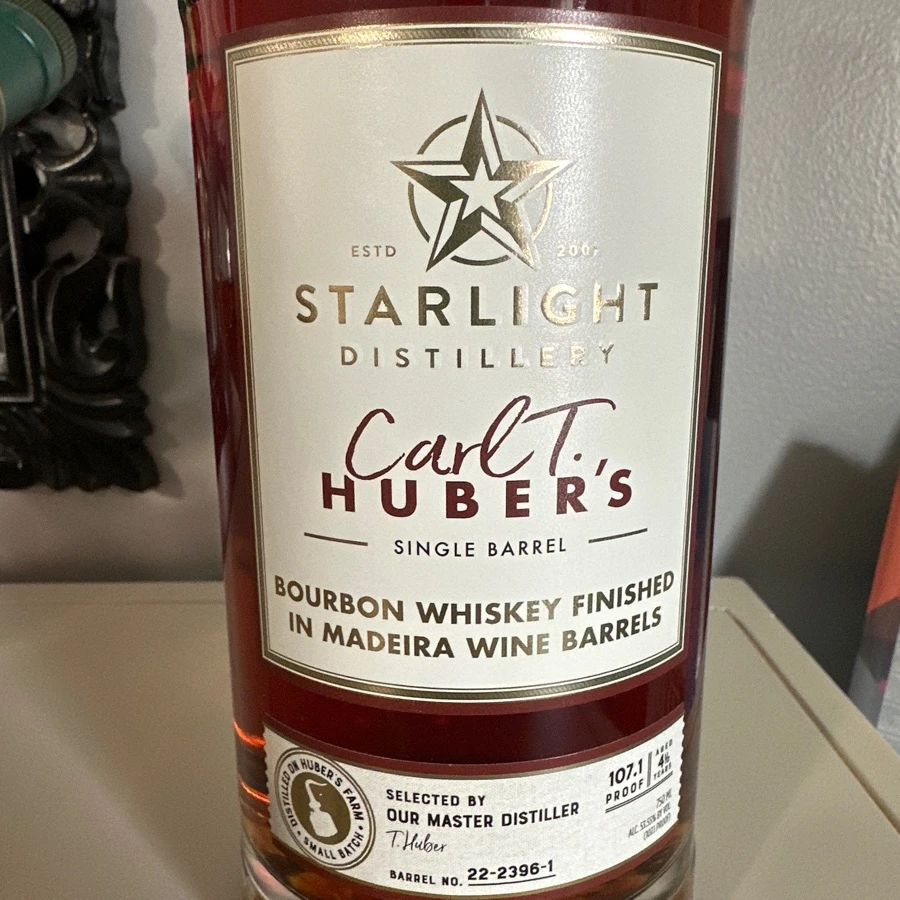 Starlight Distillery Car T. Huber's Single Barrel Bourbon Whiskey Finshed In Maderia Wine Barrels