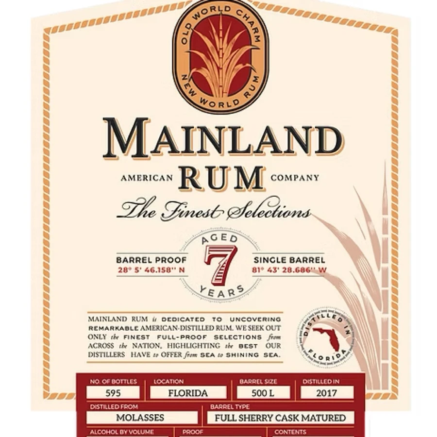 Mainland American Rum Company Aged 7 Years Barrel Type Full Sherry Cask Matured Location Florida