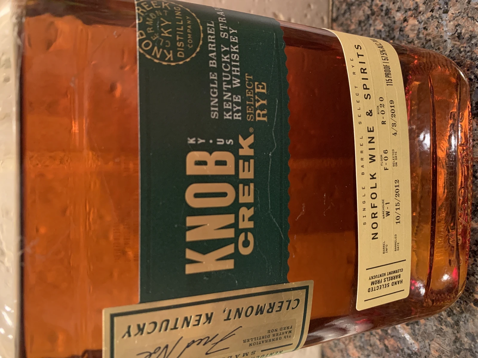 Knob Creek Single Barrel Select Rye W-1 F-06 R-020 (Norfolk Wine & Spirits)