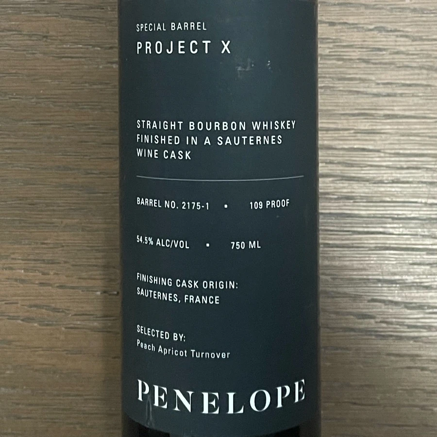 Penelope Project X Straight Bourbon Whiskey Finished In Sauternes Wine Cask - Peach Apricot Turnover