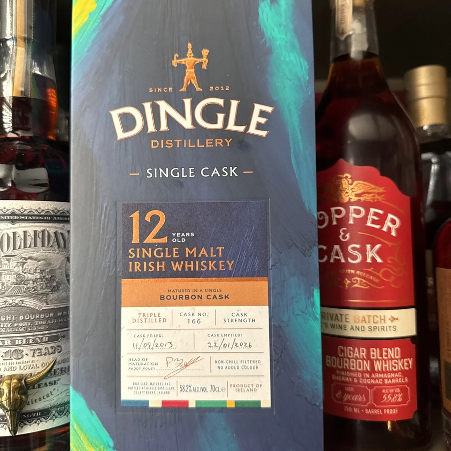 Dingle 12 year old Single Malt Irish Whiskey - Bourbon Cask finish Cask No166; filled 9/11/13, bottled 1/22/26