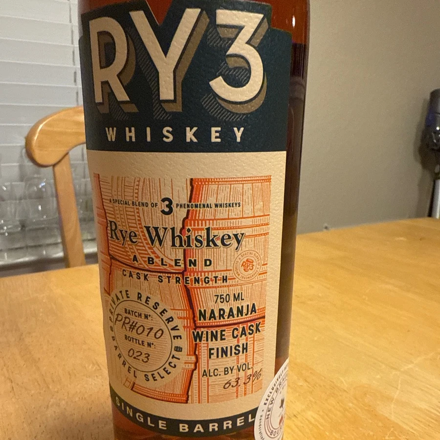 RY3 Whiskey Rye Whiskey A Blend Cask Strength Private Release Barrel Select Single Barrel (Batch No: PR#010) Narjana Wine Cask Finish (New Braunfels Bourbon)