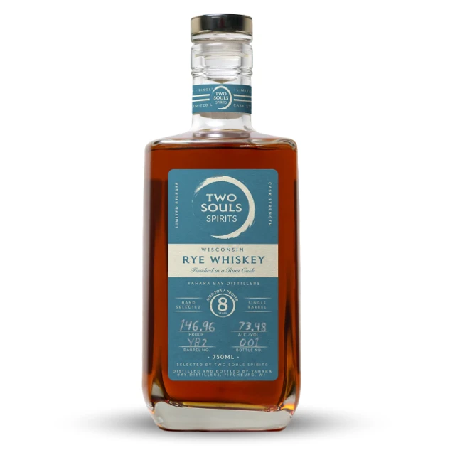 Two Souls Spirits, 8-Year Wisconsin Rum Cask Finished Rye Whiskey Featuring Yahara Bay Distillers