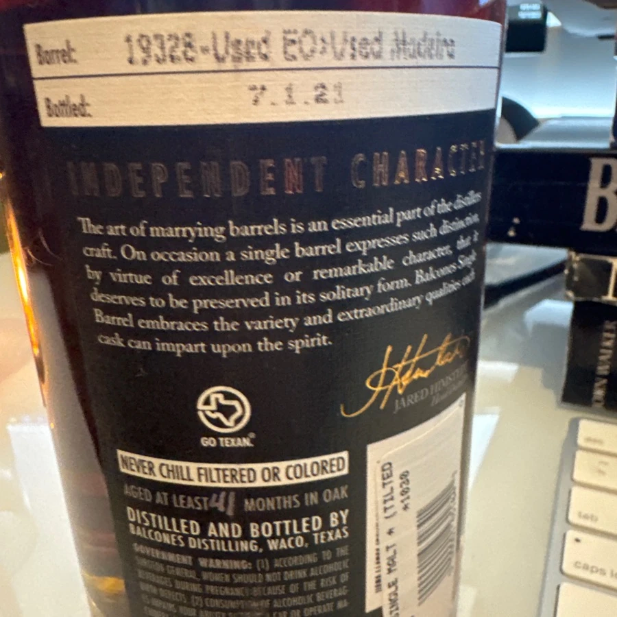 Balcones Single Malt Single Barrel Tilted Bottle Pick - Barrel 19328 - 7/1/21
