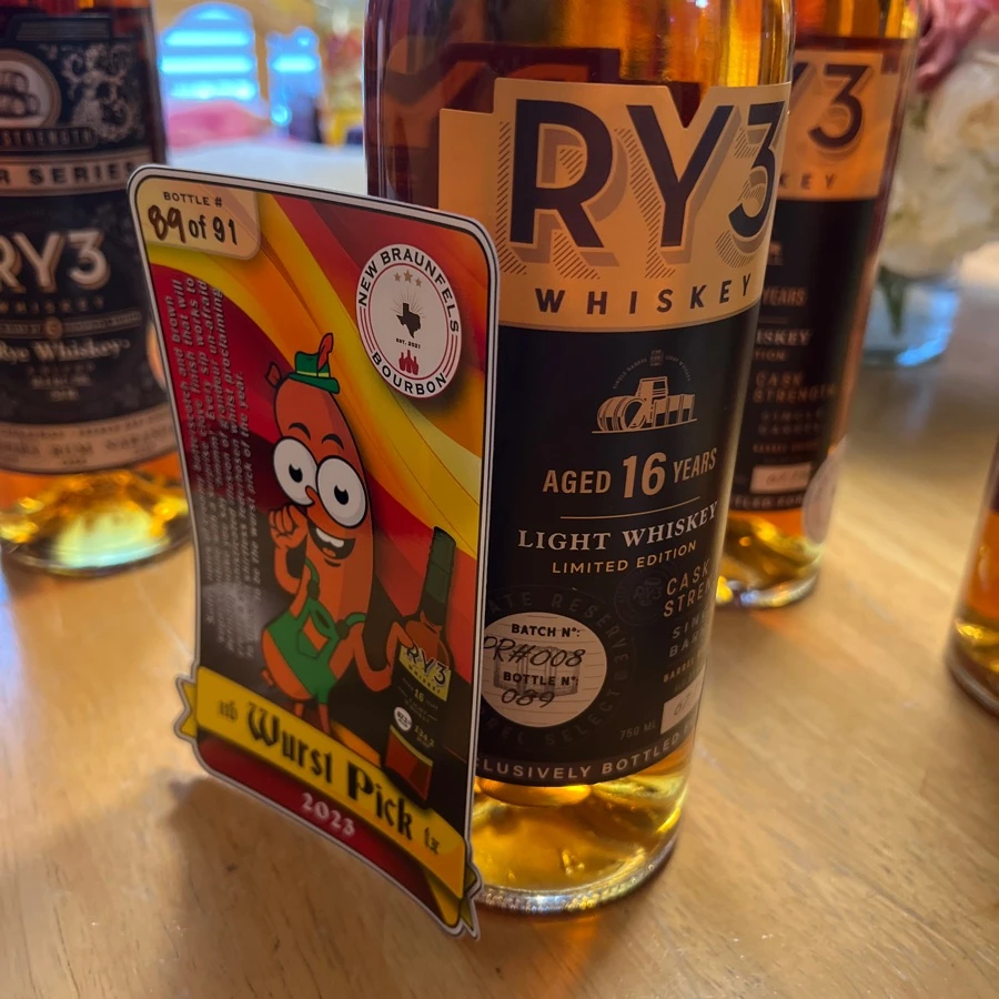 RY3 Whiskey Aged 16 Years Light Whiskey Limited Edition Cask Strength Single Barrel Barrel Select Batch No: PR#008 (New Braunfels Bourbon)