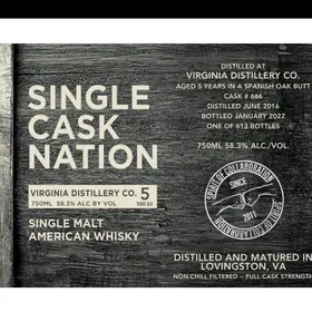 Single Cask Nation, Virginia Distillery Co. Single Malt, Aged 5 Years, Cask #666
