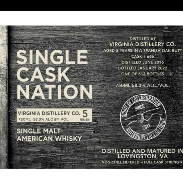 Single Cask Nation, Virginia Distillery Co. Single Malt, Aged 5 Years, Cask #666