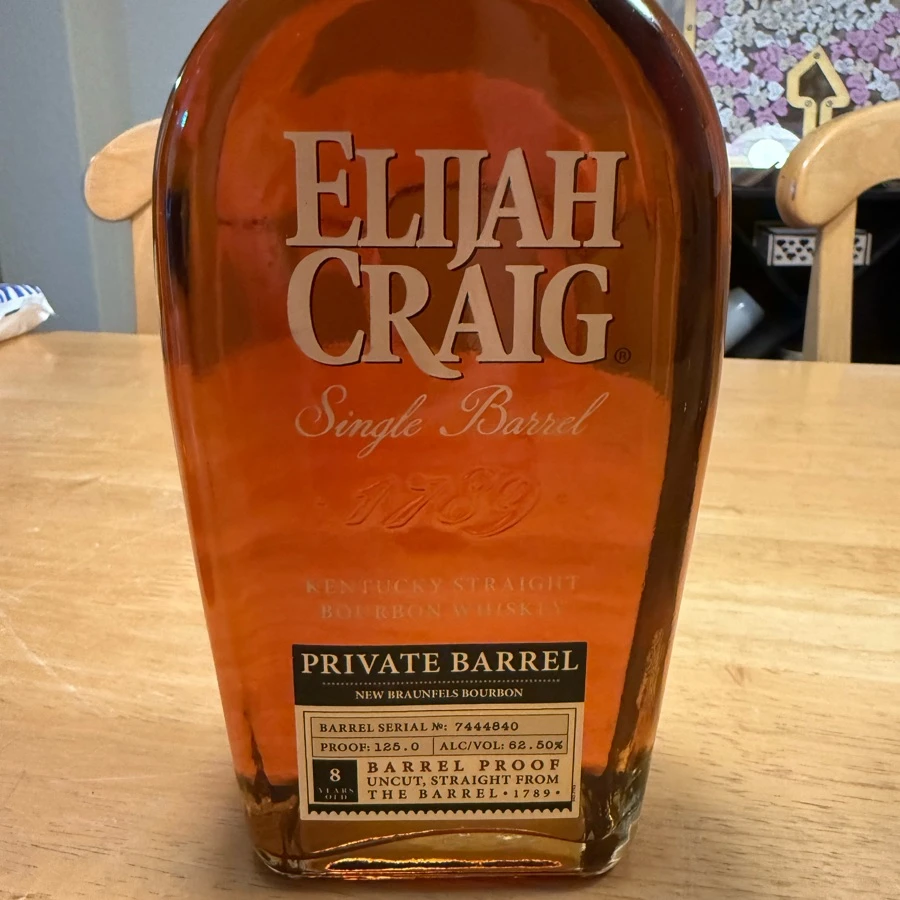 Elijah Craig Single Barrel Kentucky Straight Bourbon Private Barrel (New Braunfels Bourbon) Barrel Serial # 7444840 Barrel Proof Uncut, Straight From The Barrel